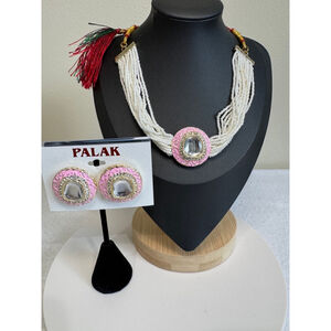 Fashion Palak Jewelry Set adjustable length Necklace & Earrings White Pink NEW